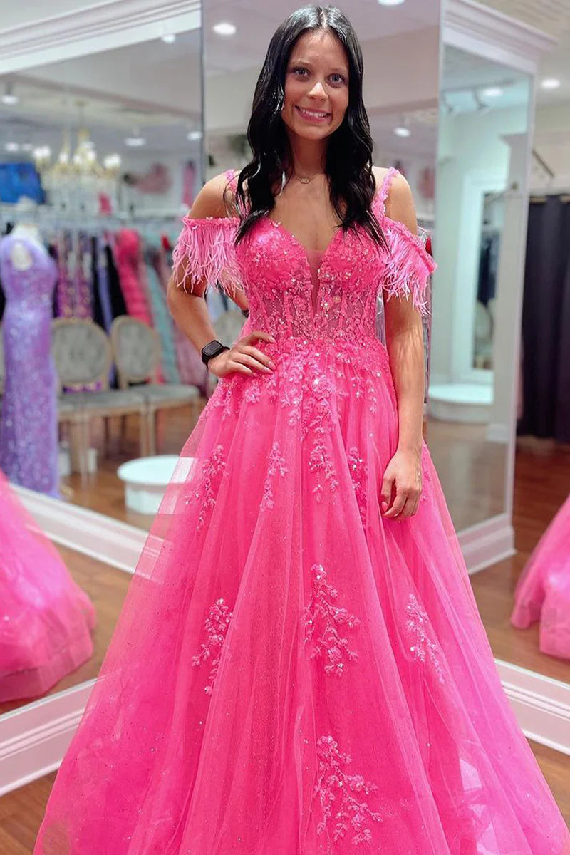 Tulle A-Line Feathers Off-Shoulder Appliques Prom Dress