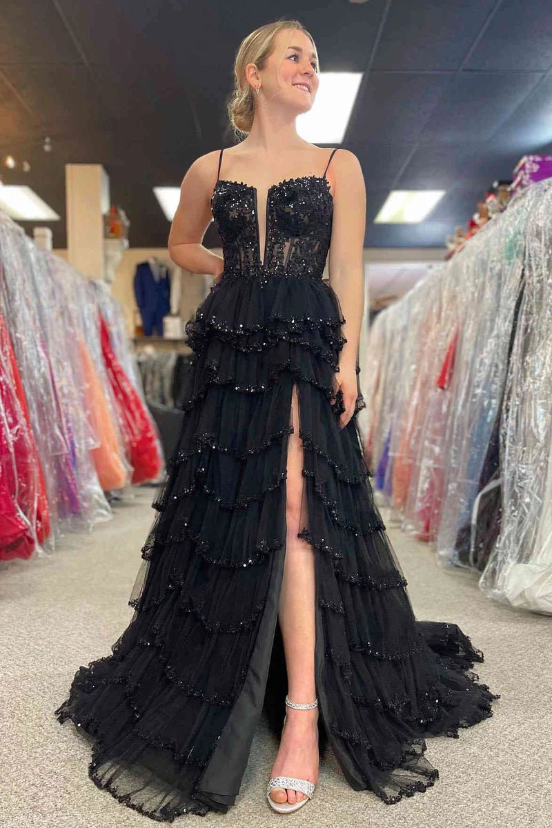 Tulle A-Line Tiered Appliques With Side Slit Prom Dress