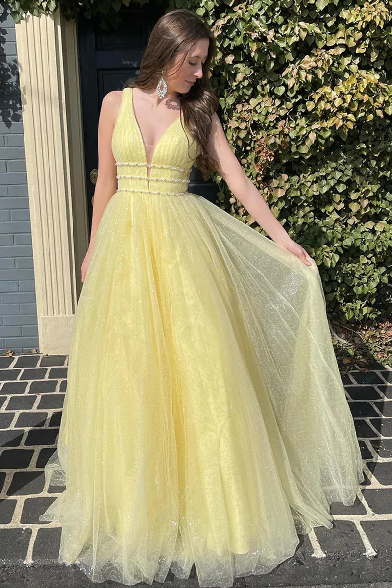 Tulle A-Line V-Neck Sleeveless Empire Beaded Prom Dress